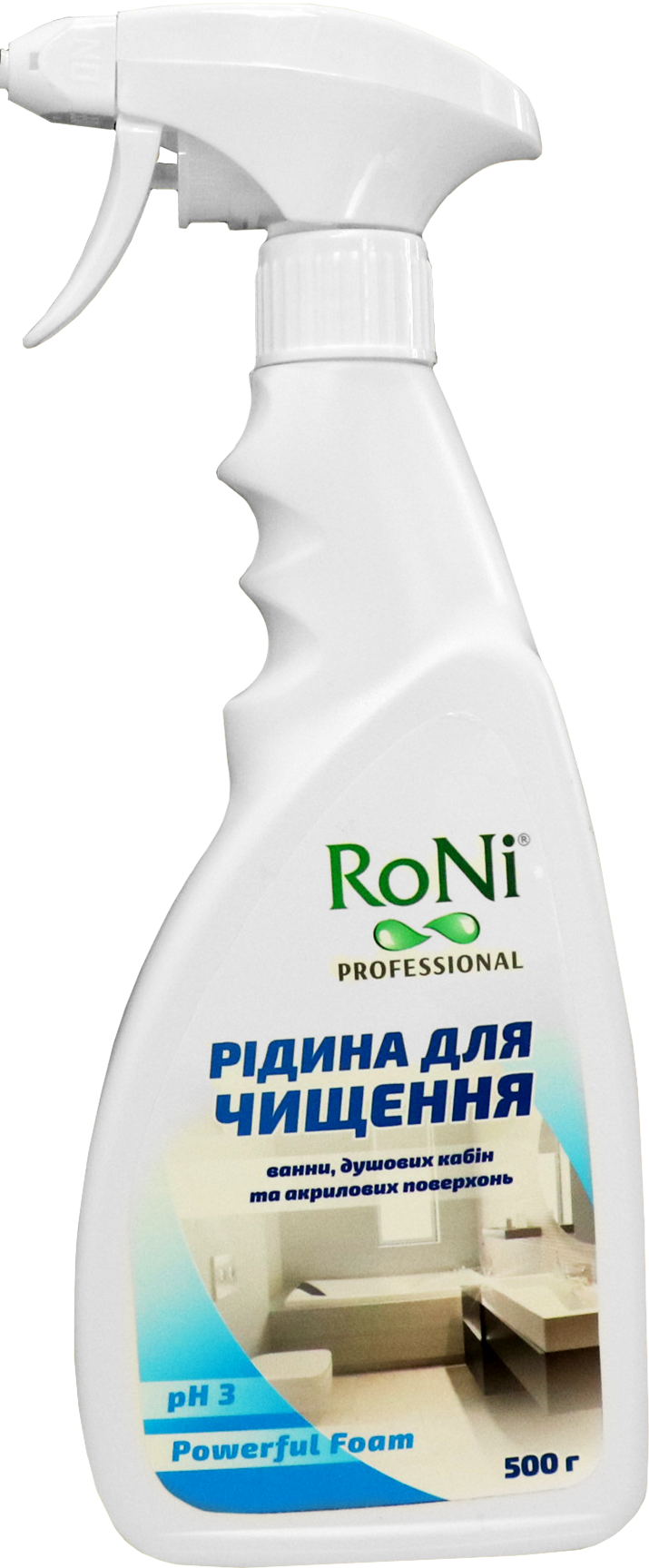 Рідина для чищення ванни, душових кабін та акрилових поверхонь RoNi 500г розпилювач